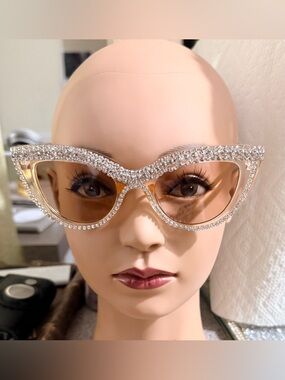 Iced Out Crystal-Embellished Cat Eye Sunglasses - Pink Tinted Lenses